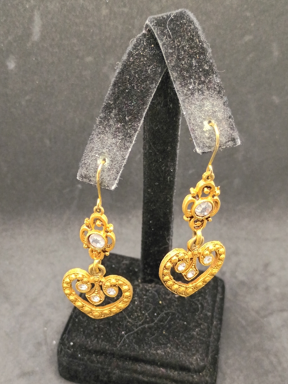 Vintage Gold Heart Dangle Earrings with Clear Stones